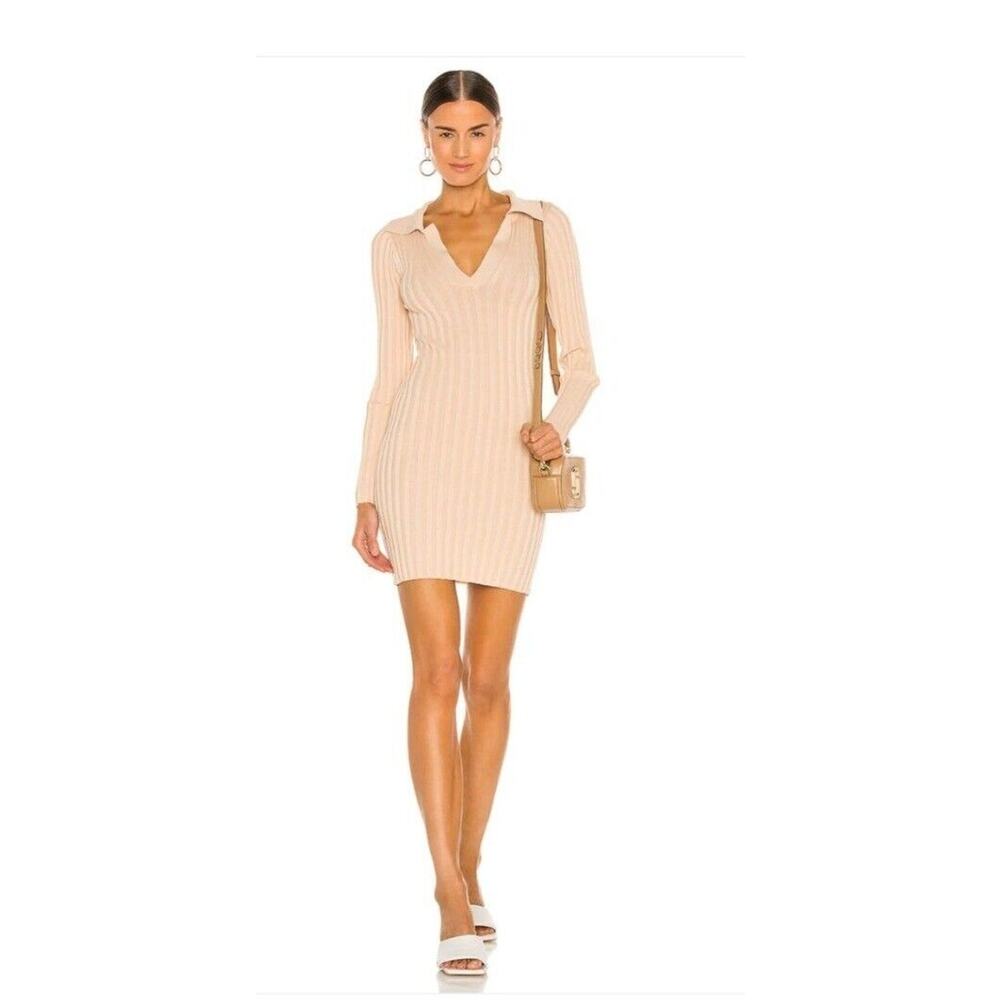 Tularosa Valen Mini Dress M Womens Beige Long Sleeve V‎ Neck Ribbed Pull On NWT